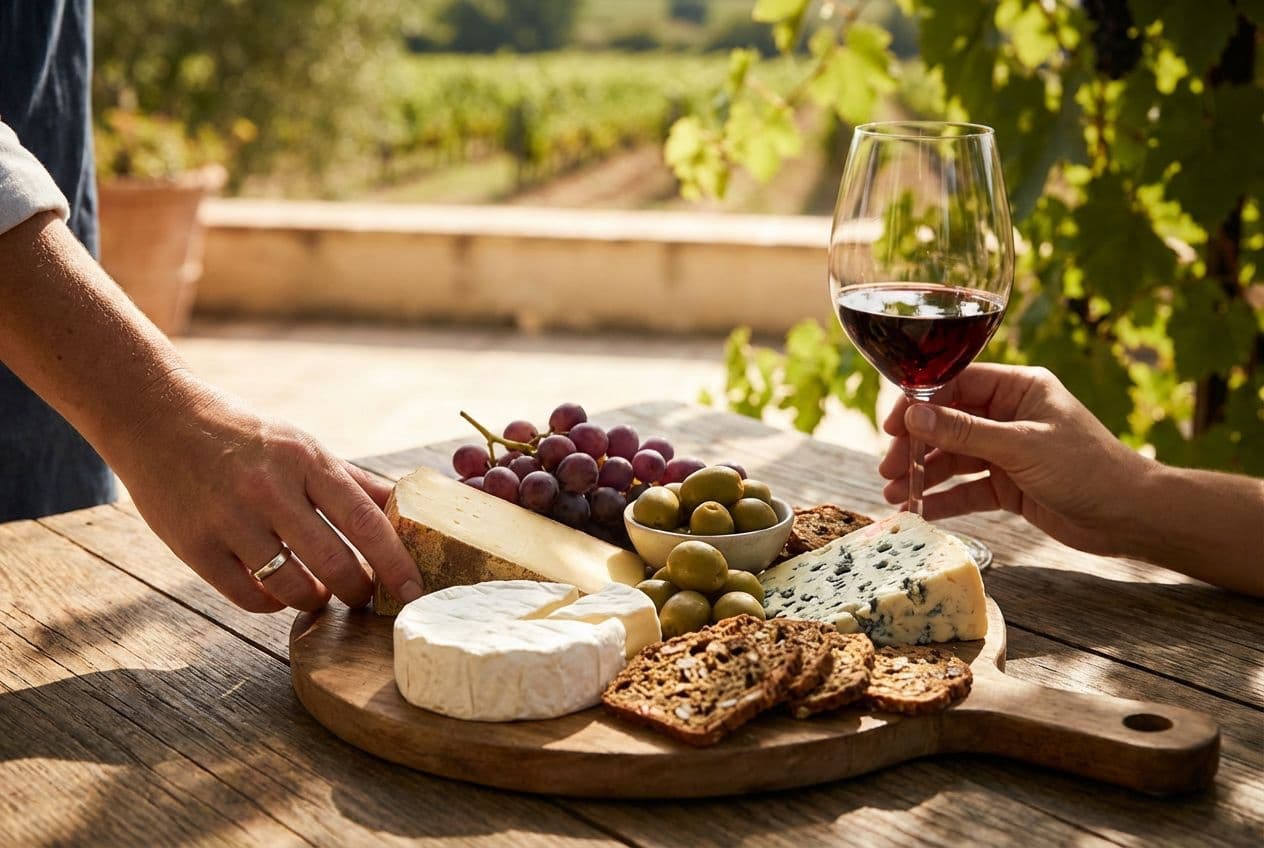 Wine and cheese on a sunny table with a glass of red wine