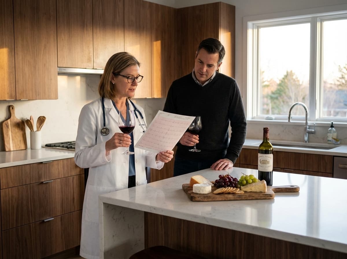 A doctor reviewing a prescription beside wine and cheese