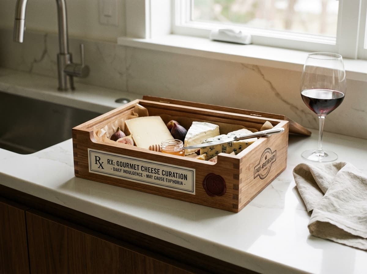A cheese subscription box on a kitchen counter with wine
