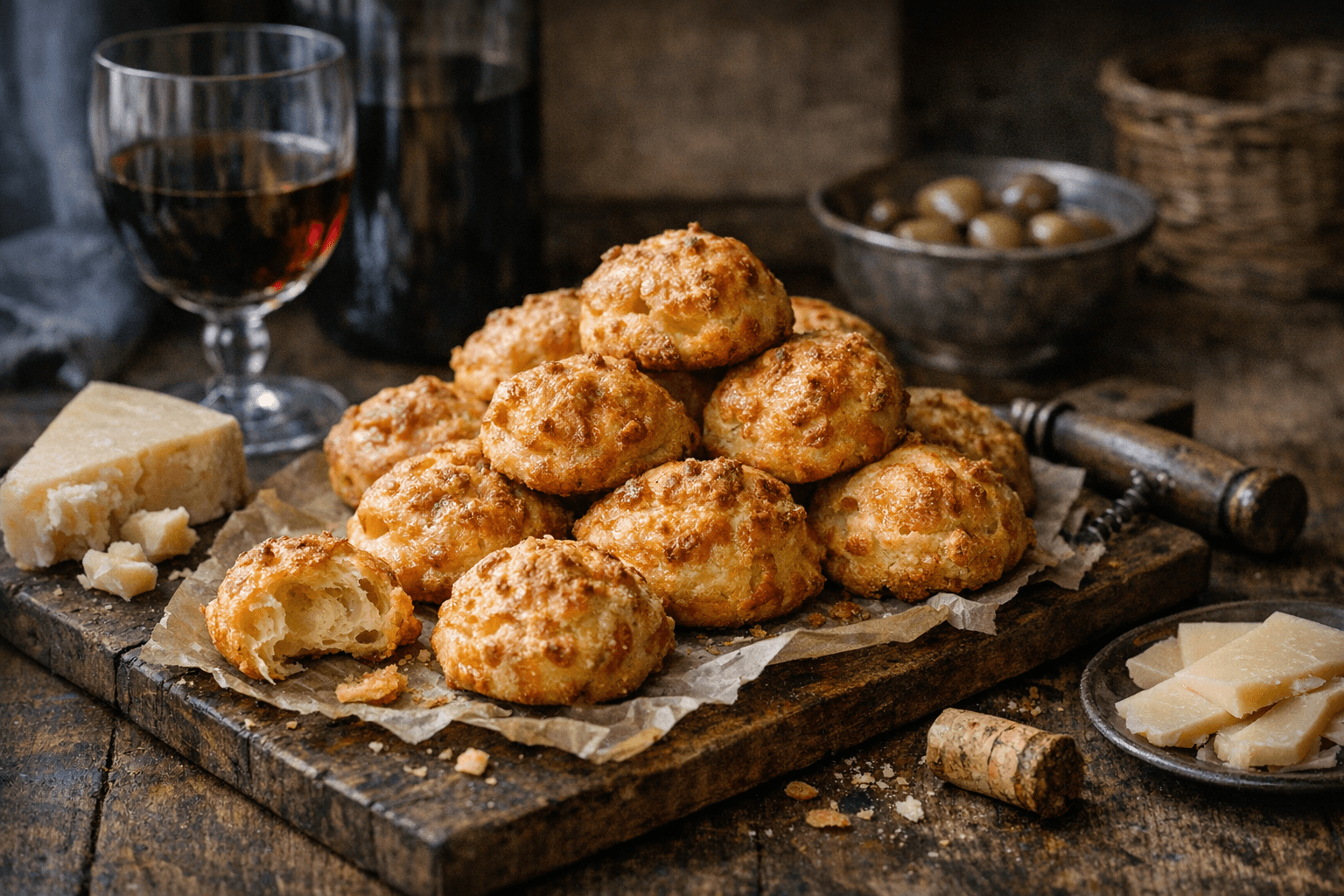 Editorial wine and cheese photograph for "Gougères: The French Cheese Puff You Make Once and Can Never Stop Making"