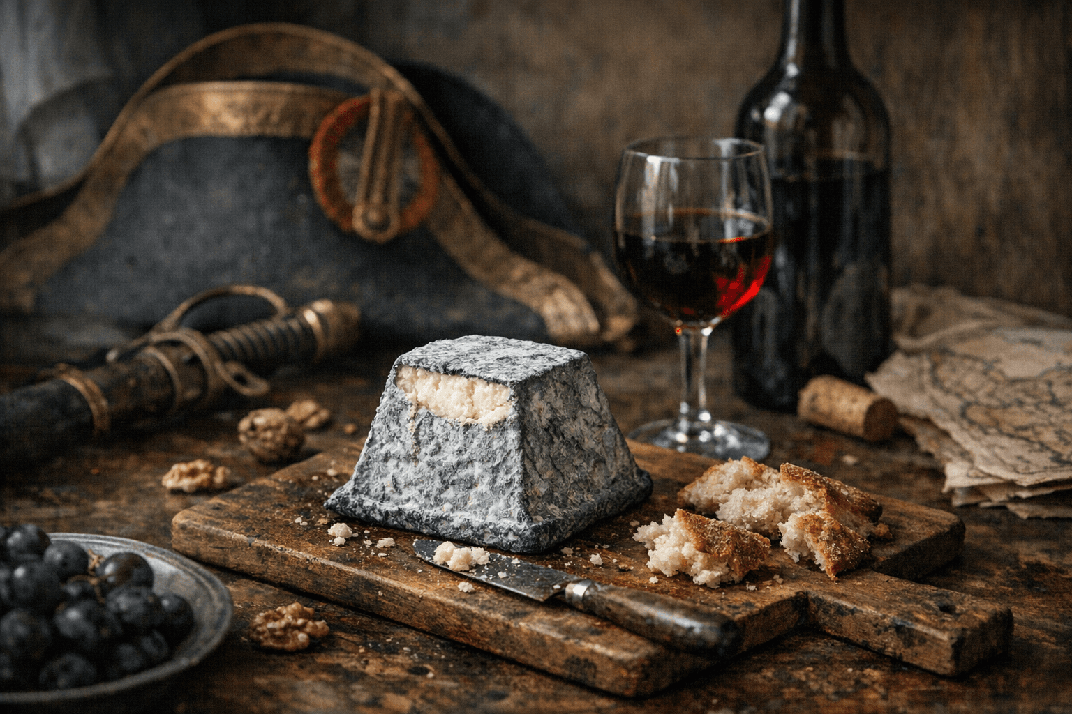 Editorial wine and cheese photograph for "The Cheese Napoleon Allegedly Beheaded: The Story of Valençay"