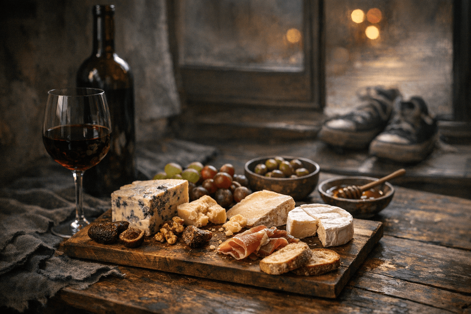 Editorial wine and cheese photograph for "The 10-Minute Walk After Dinner That Outperforms Things You Pay Monthly For"