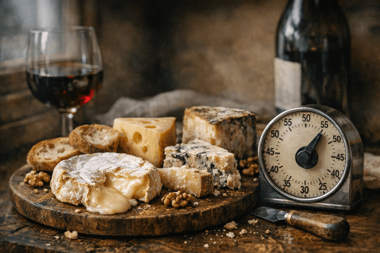 Editorial wine and cheese photograph for "The Cheese Temperature Rule That Changes Everything (And the Timer That Does Not)"