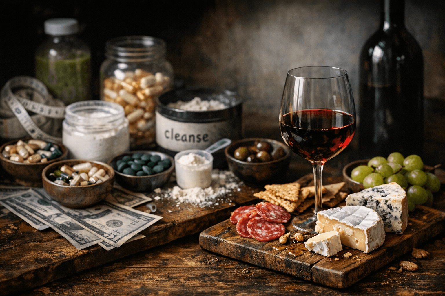 Editorial wine and cheese photograph for "The $6.8 Trillion Guilt Machine vs. a Tuesday Night Pinot"