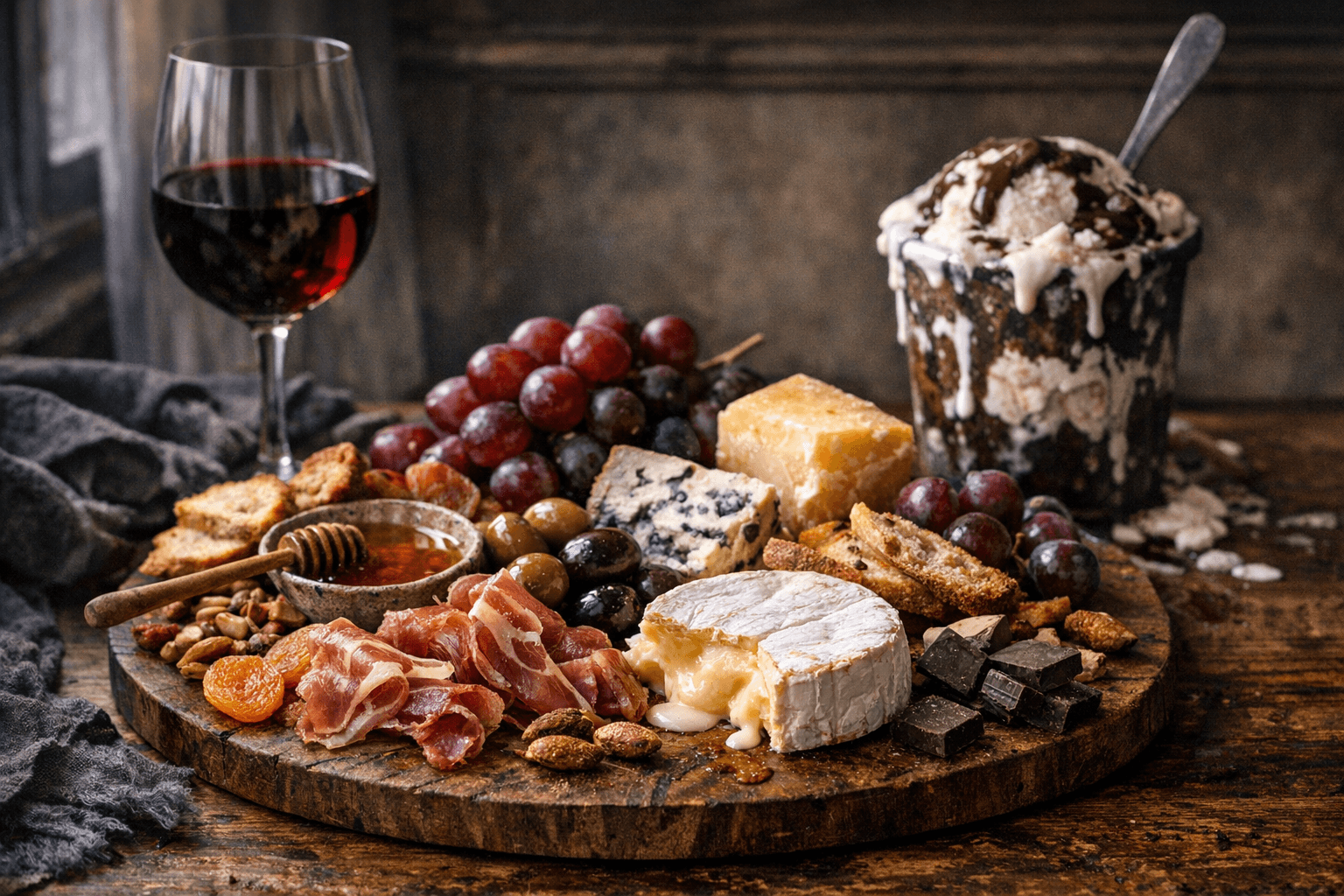 Editorial wine and cheese photograph for "The Post-Breakup Cheese Board: Why Tryptophan Beats Ice Cream"