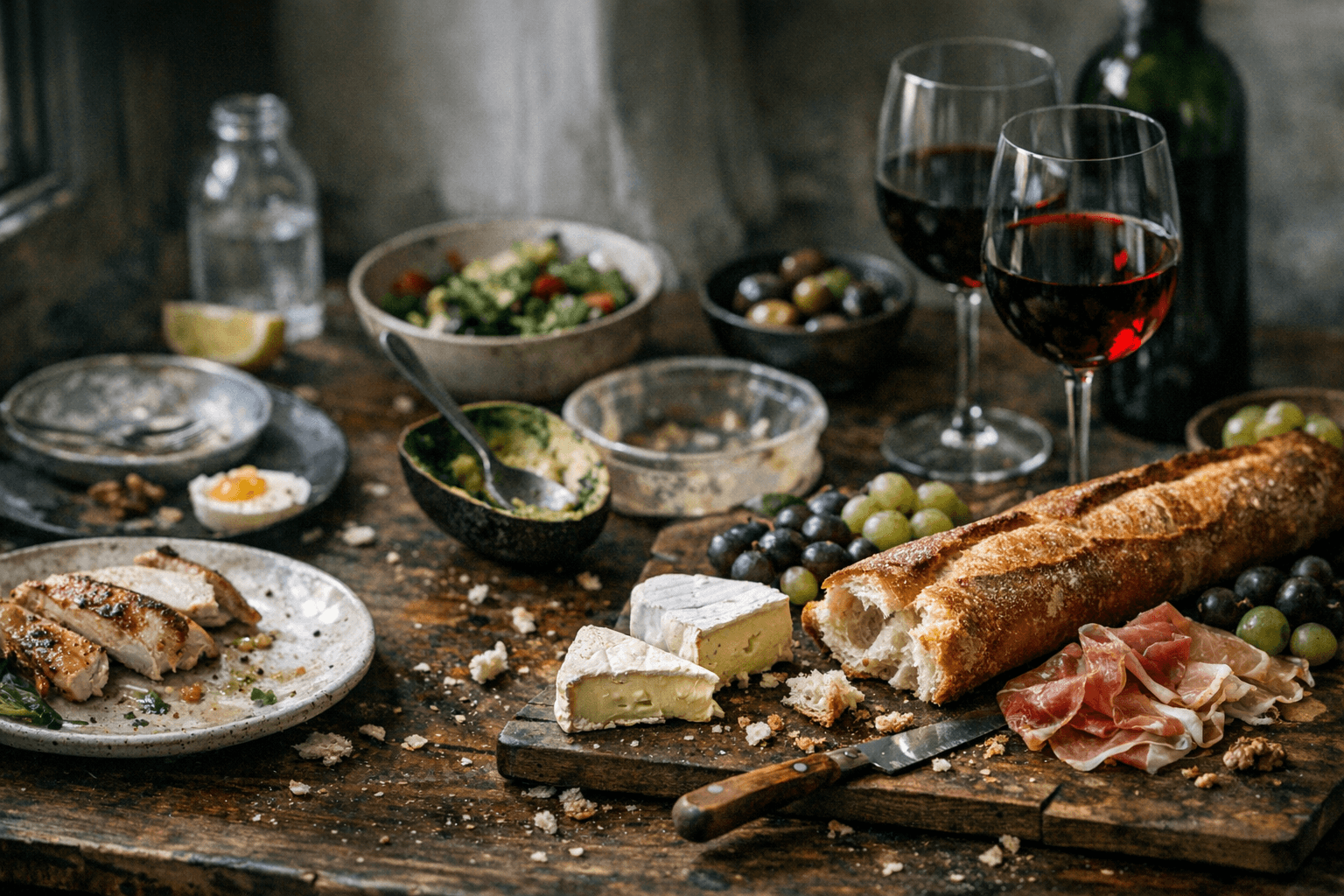 Editorial wine and cheese photograph for "We Tried Whole30 as a Couple. The Baguette Won on Day 11."
