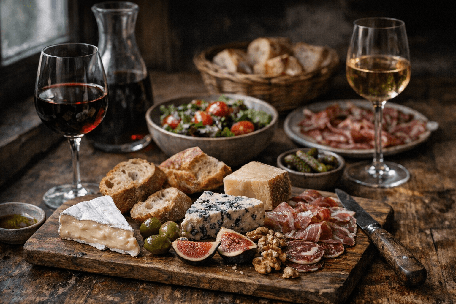 Editorial wine and cheese photograph for "The French Don't Count Macros. They Spend 2 Hours Eating Lunch."