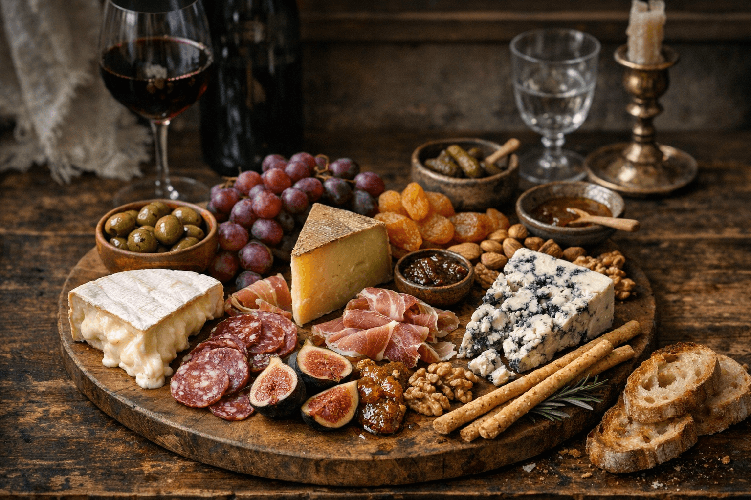 Editorial wine and cheese photograph for "The 3-5-7 Rule and Other Cheese Board Math That Actually Works"